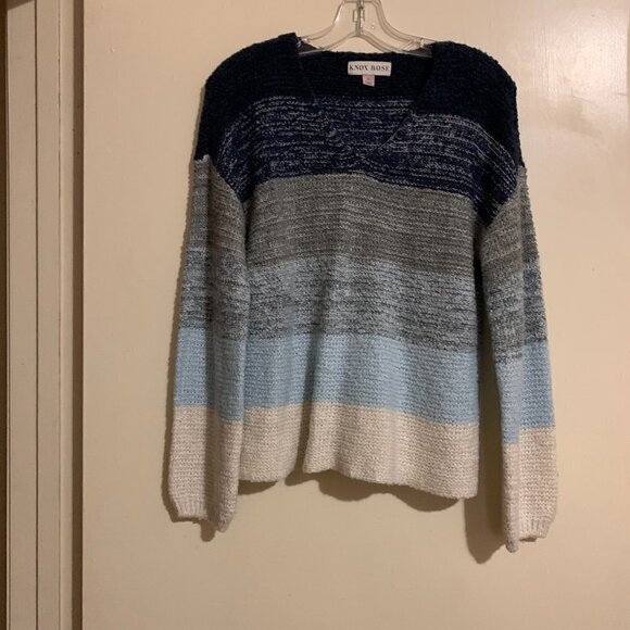 Knox Rose Striped Color Block V-Neck Knit Sweater Blue White Gray. Size Small - Picture 9 of 9